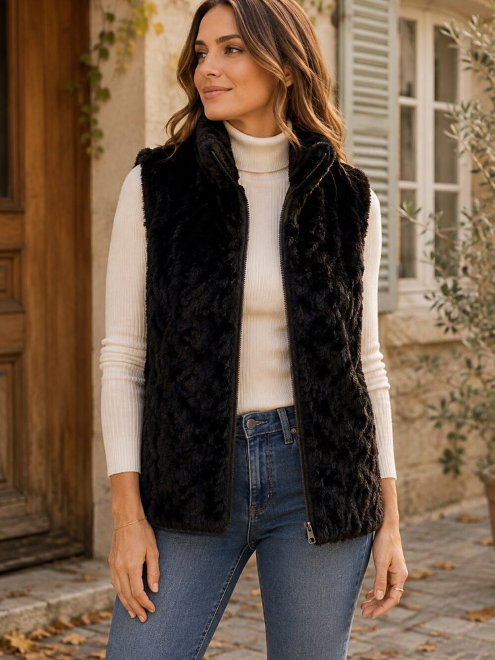 East 5th Faux Fur Vest Womens L XL Black Plush Zip Front Cozy Winter Layer